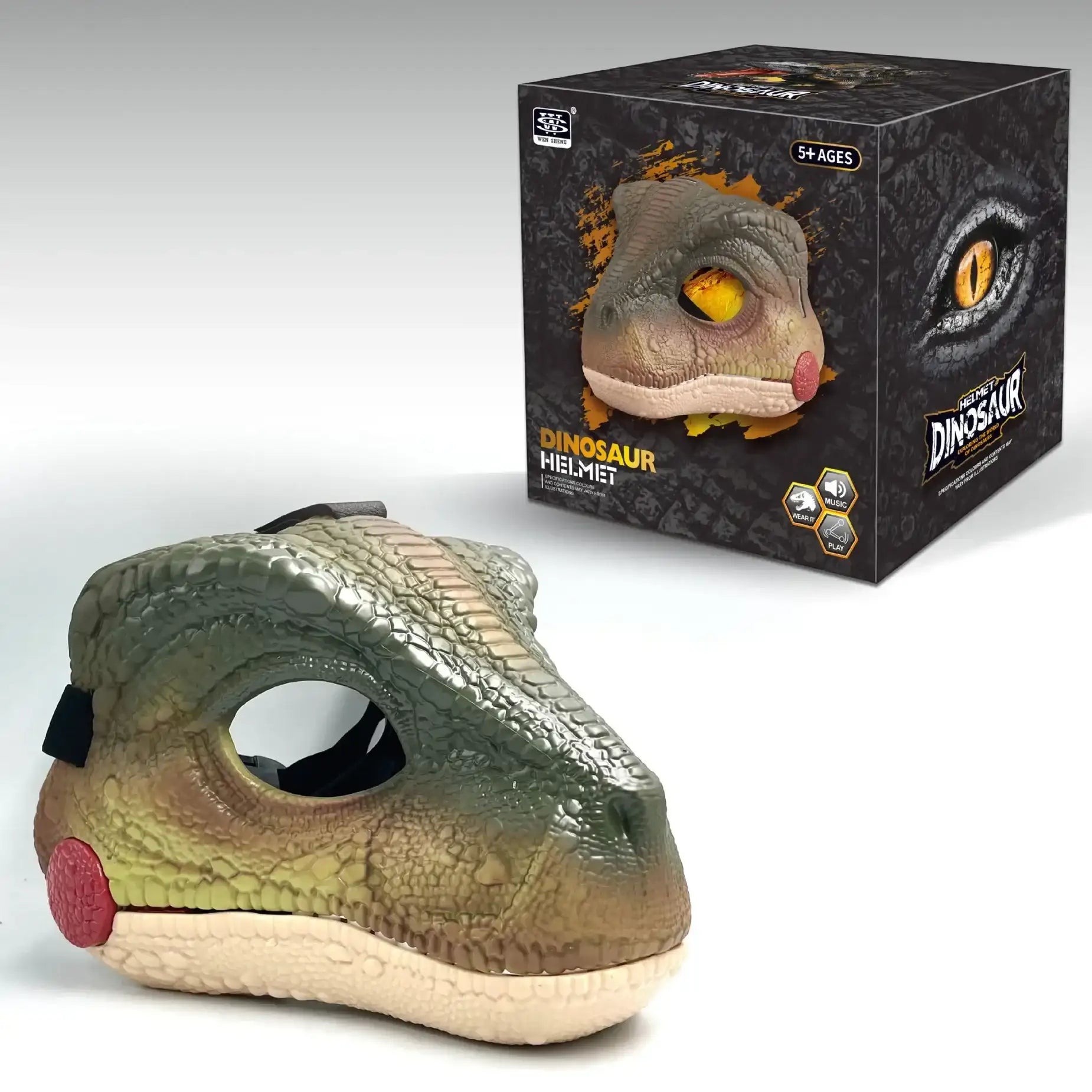 Dinosaur helmet with packaging on a white background