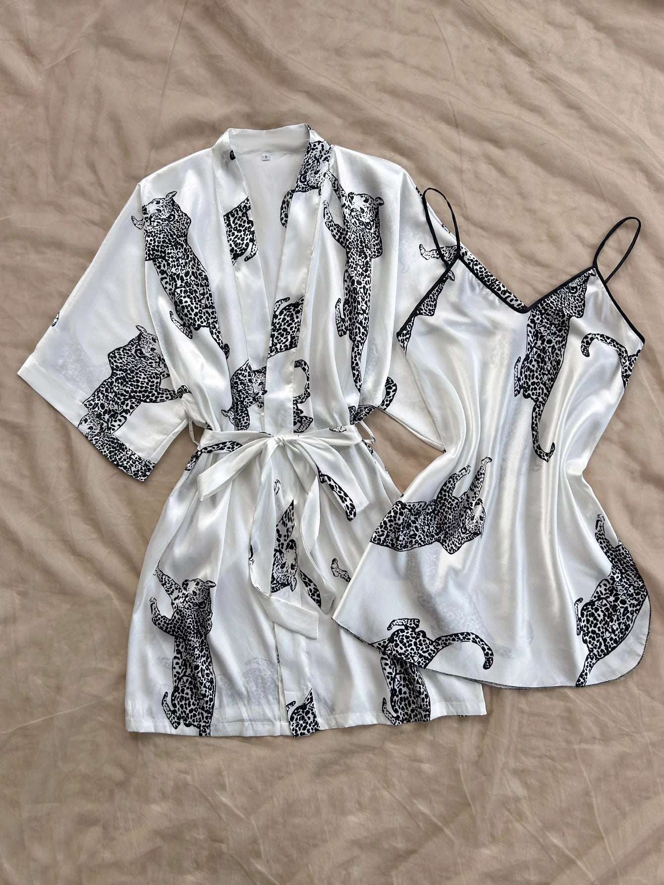 Leopard Print Satin Pajama 2 Piece Set