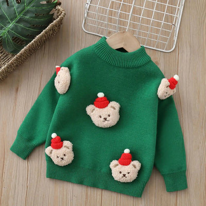 Green Kids Santa Bear Christmas Jumper