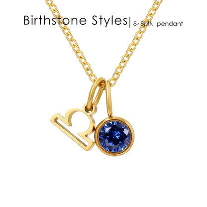 Gold chain necklace with a pendant featuring a blue gemstone and a gold number 8 charm, shown on a white background with 'Birthstone Styles | 8.8MM pendant' text.