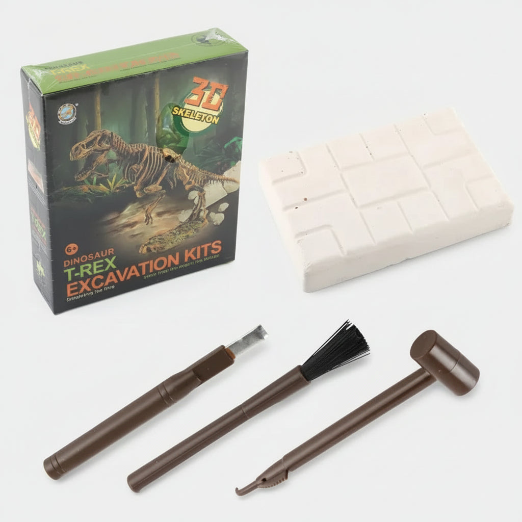 Dinosaur T-Rex excavation kit with tools and packaging on a white background