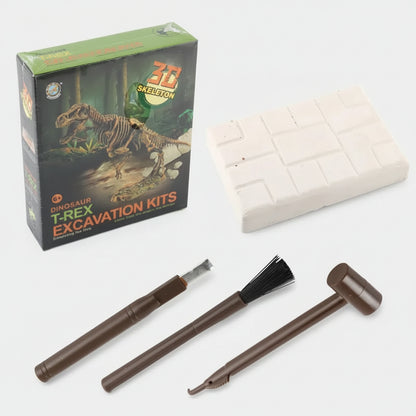 Dinosaur T-Rex excavation kit with tools and packaging on a white background