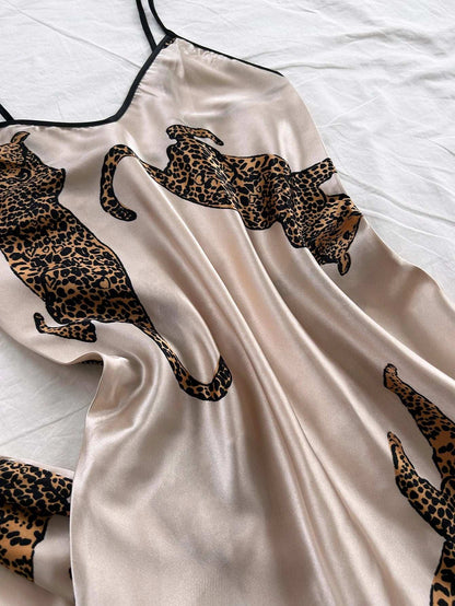 Leopard Print Satin Pajama 2 Piece Set