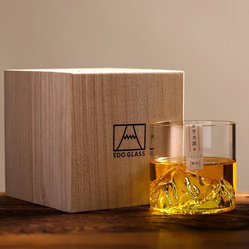 Japanese 3D Mountain Whiskey Glass with Wooden Gift Box