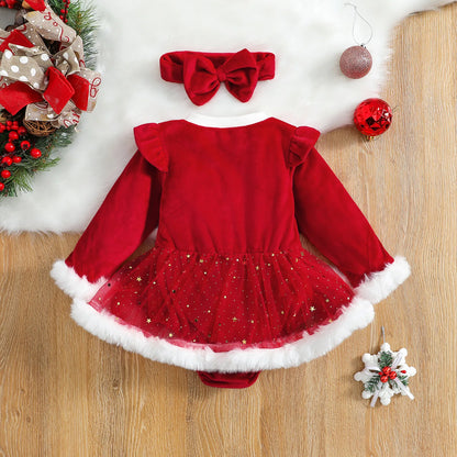 Christmas Red Velvet Baby Romper with bow