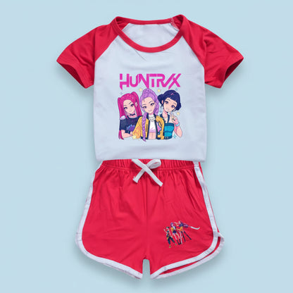 Children's outfit with red and white shirt and shorts featuring cartoon characters and 'HUNTRAX' text on a white background.