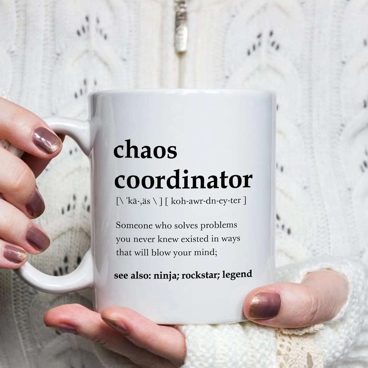 Chaos Coordinator Novelty Mug model holding mug