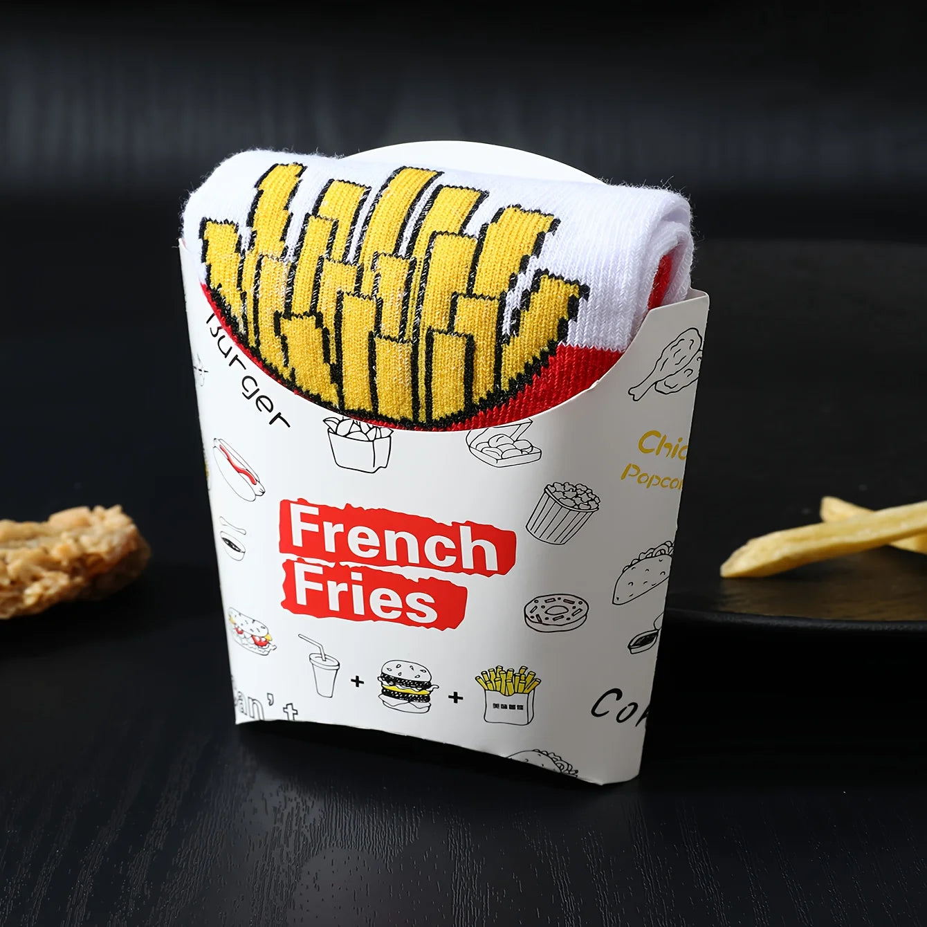 Novelty French Fries Fast Food Socks in box