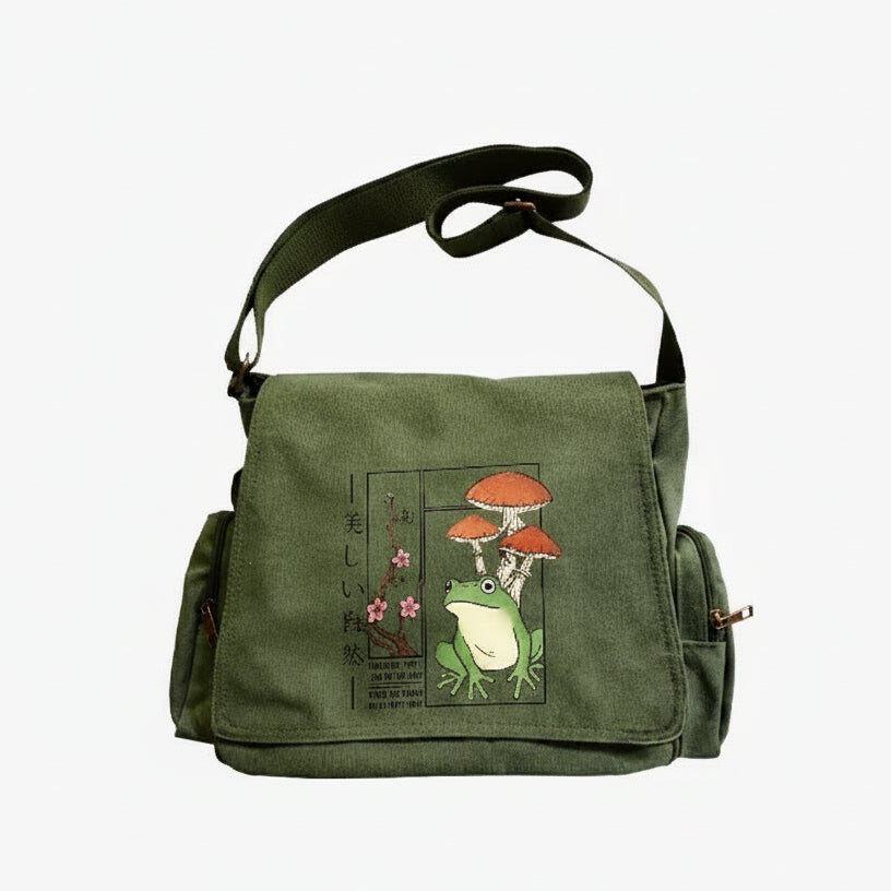 Japanese Frog Print Shoulder Bag Cute Corduroy Tote for Frog Lovers 