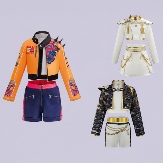 Three colorful outfits on mannequins with vibrant designs.