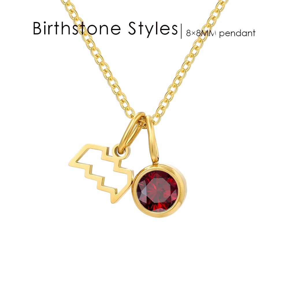 Gold necklace with a lightning bolt charm and a round red gemstone pendant, shown on a white background with the text 'Birthstone Styles | 8x8MM pendant'.
