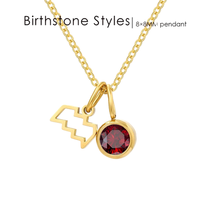 Gold necklace with a lightning bolt charm and a round red gemstone pendant, shown on a white background with the text 'Birthstone Styles | 8x8MM pendant'.