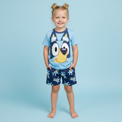 little girl wearing bluey pyjamas