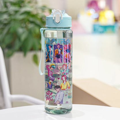 Clear water bottle with colorful design on a white surface
