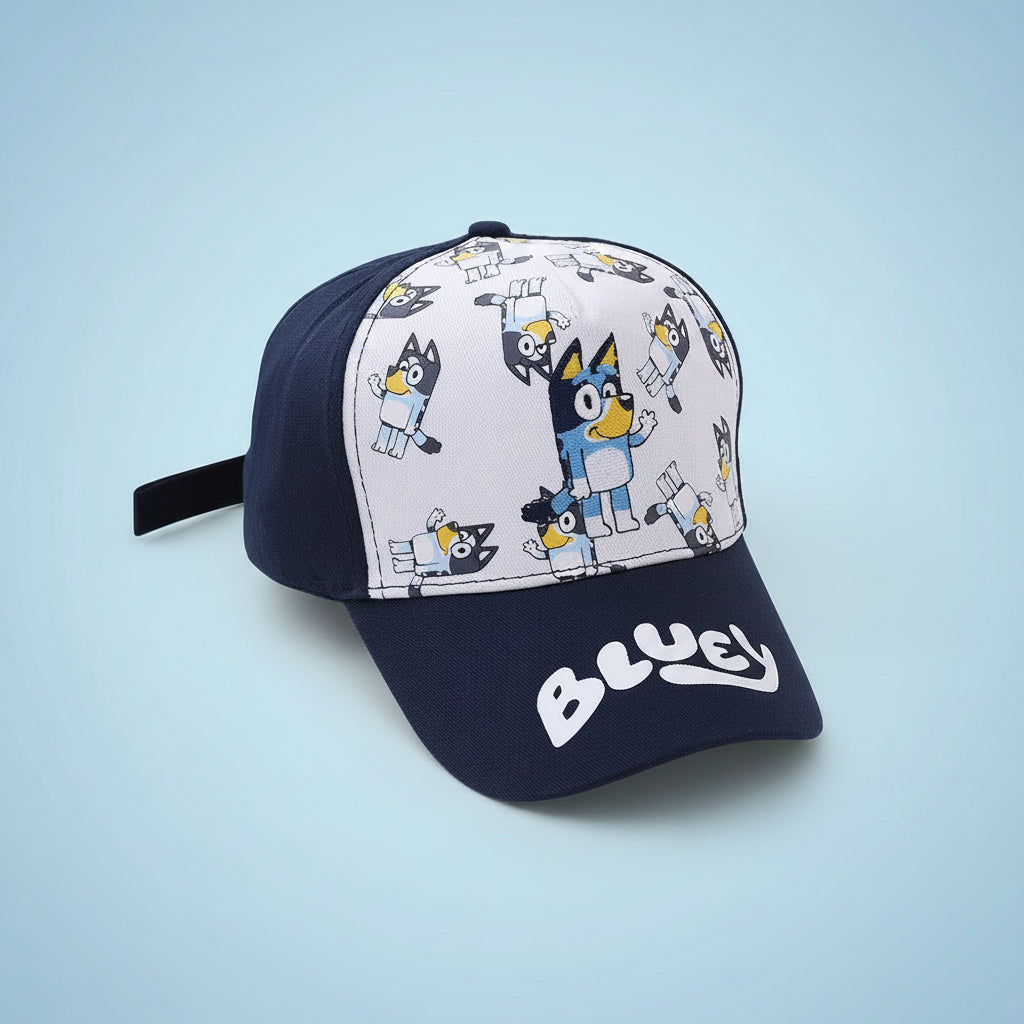 Navy blue cap with cartoon character pattern and 'Bluey' branding on a white background