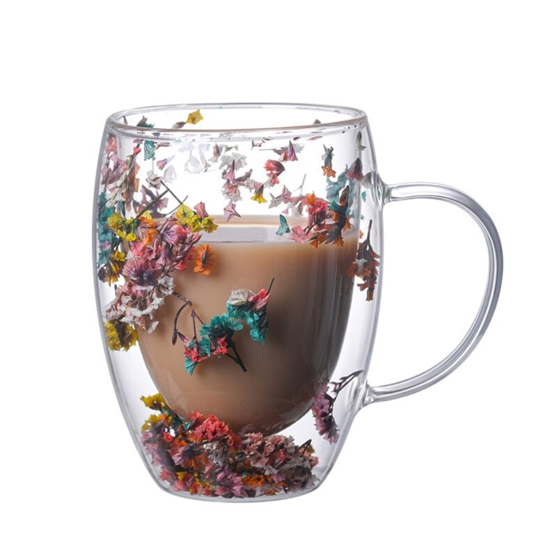 flower double wall glass coffee mug