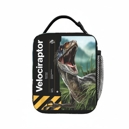  insulated lunch bag with Velociraptor design on a white background