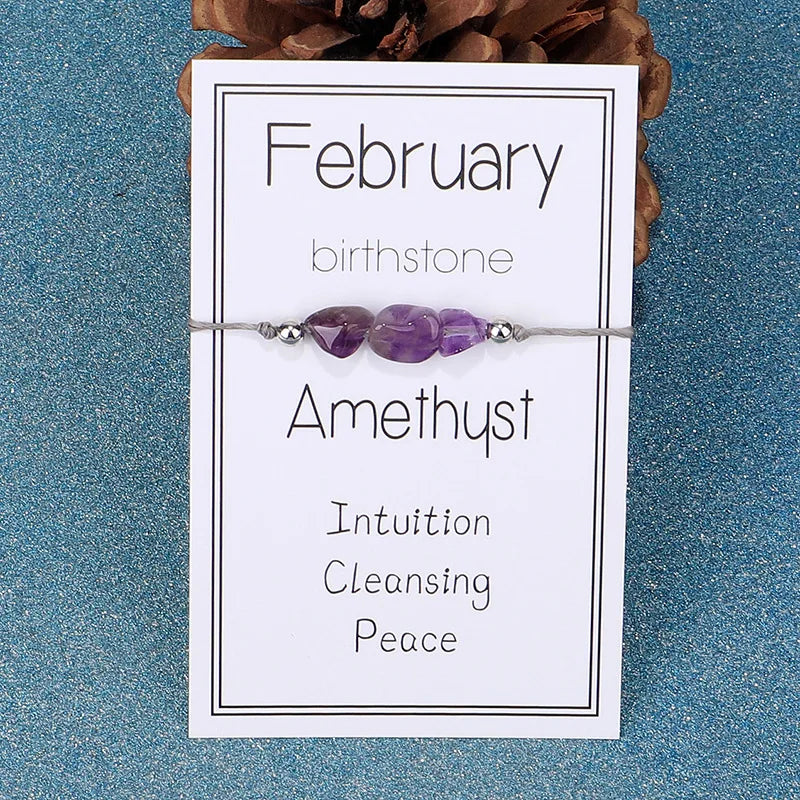 February Amethyst Natural Stone Birthstone Wish Bracelet