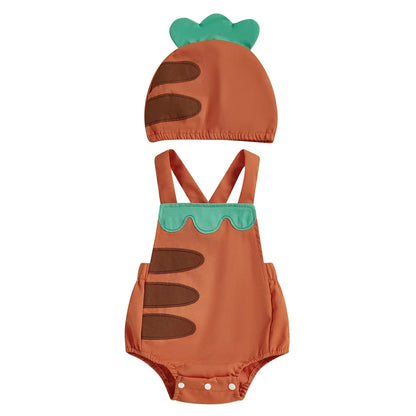 Baby romper and hat set with dinosaur design on a white background