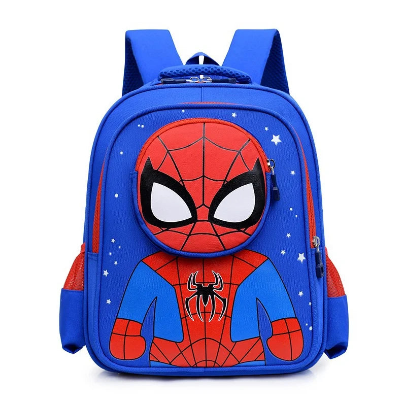 A blue and red Spider-Man themed children's backpack with a large 3D Spider-Man face on the front, white stars, and side mesh pockets, shown on a plain white background.