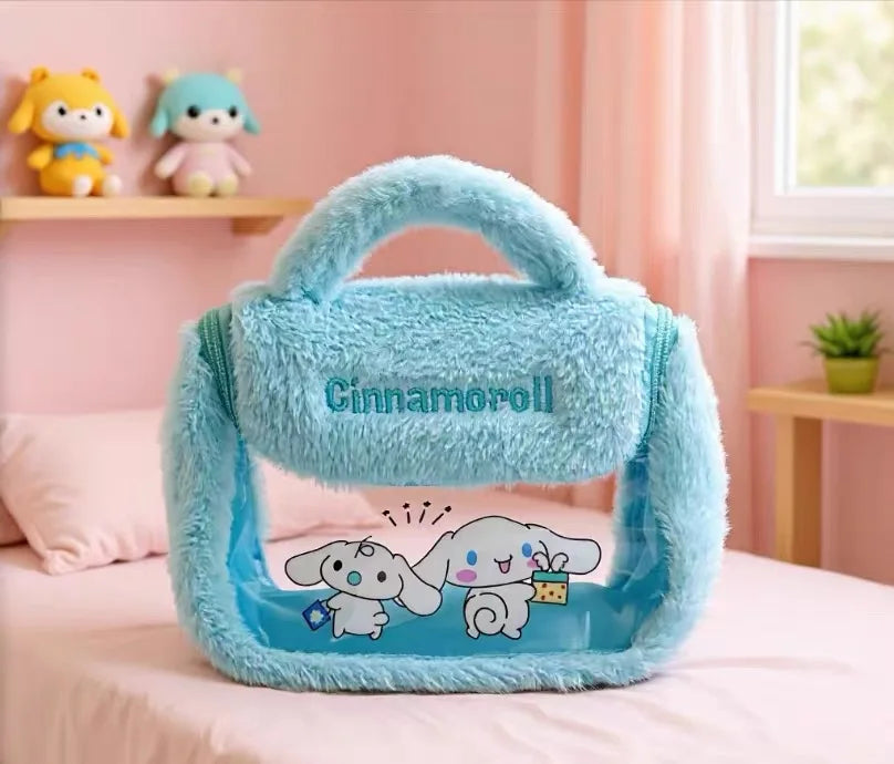 Blue plush bag with 'Cinnamoroll' branding on a pink bed with plush toys in the background.
