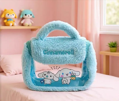 Blue plush bag with 'Cinnamoroll' branding on a pink bed with plush toys in the background.