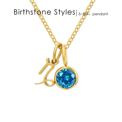 Gold initial pendant necklace featuring the letter 'A' and a round blue gemstone bezel, with 'Birthstone Styles | 8-8MM pendant' text overlay on a white background.