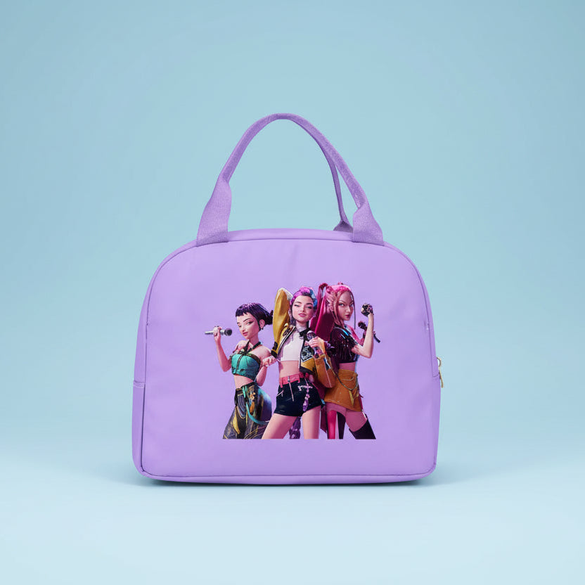 Purple handbag with animated characters on a white background