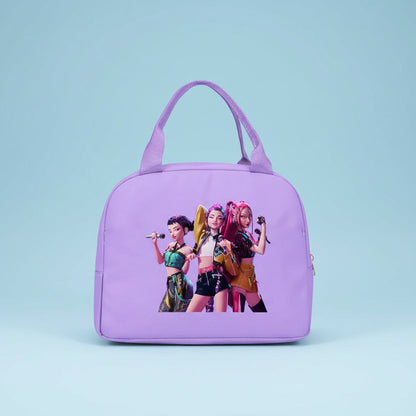 Purple handbag with animated characters on a white background