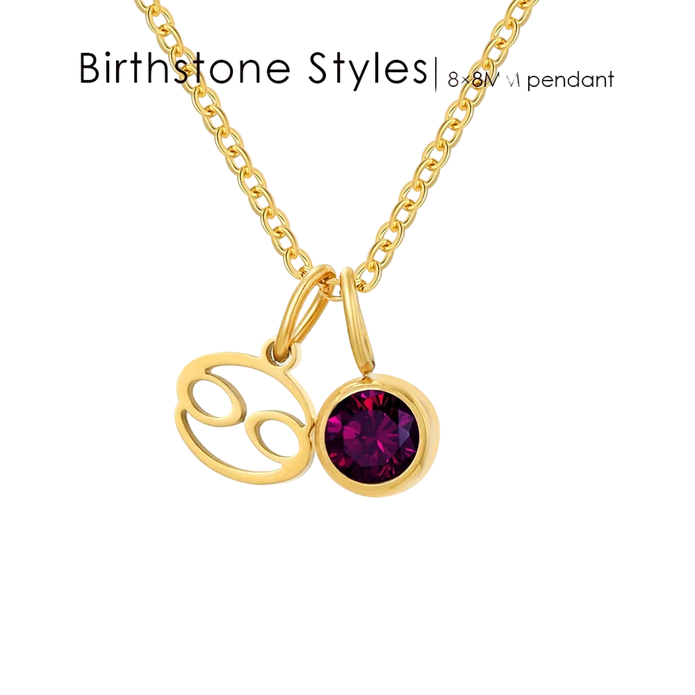 Gold necklace with zodiac sign and birthstone pendant on a white background