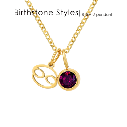 Gold necklace with zodiac sign and birthstone pendant on a white background