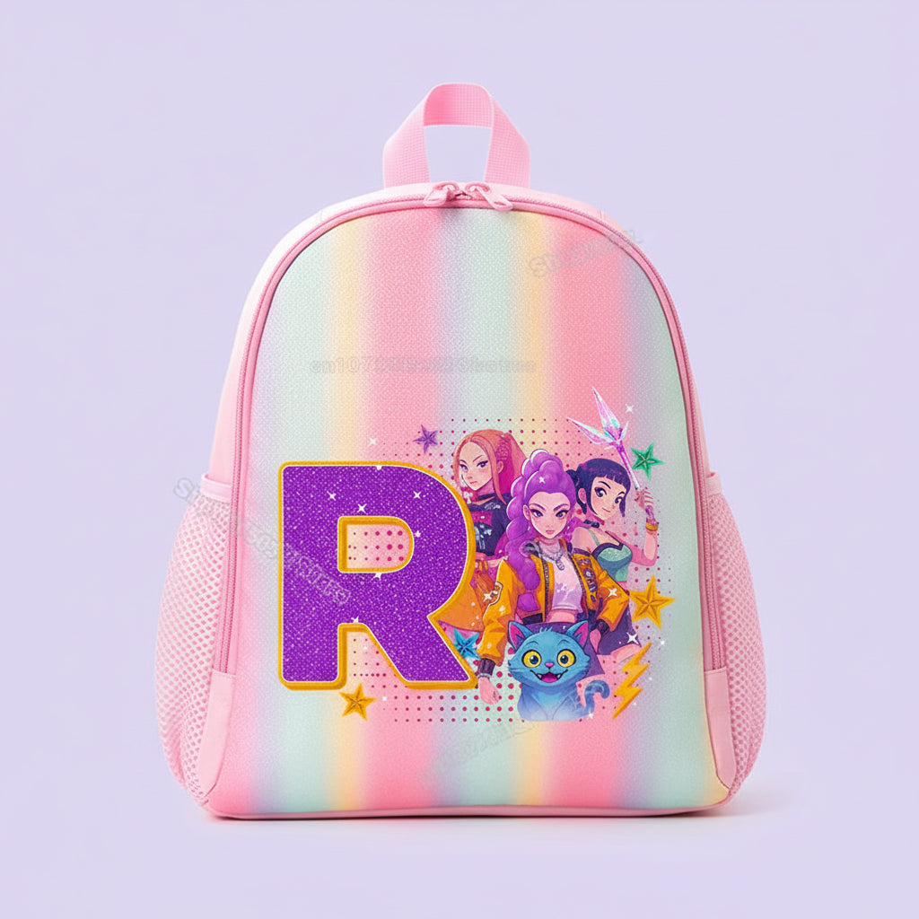 Children's backpack with colorful design and letter 'R' on a white background