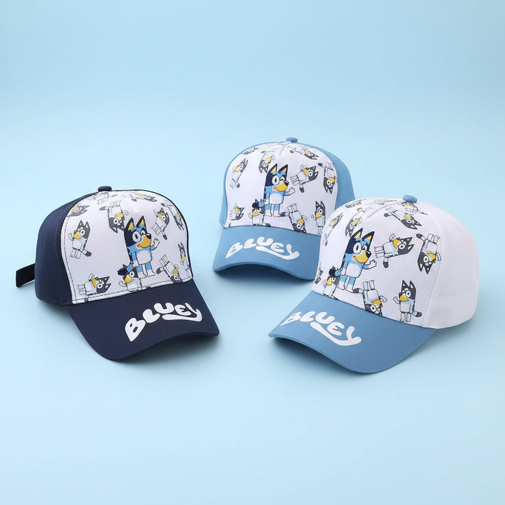 Three children's baseball caps with cartoon character design on a white surface.