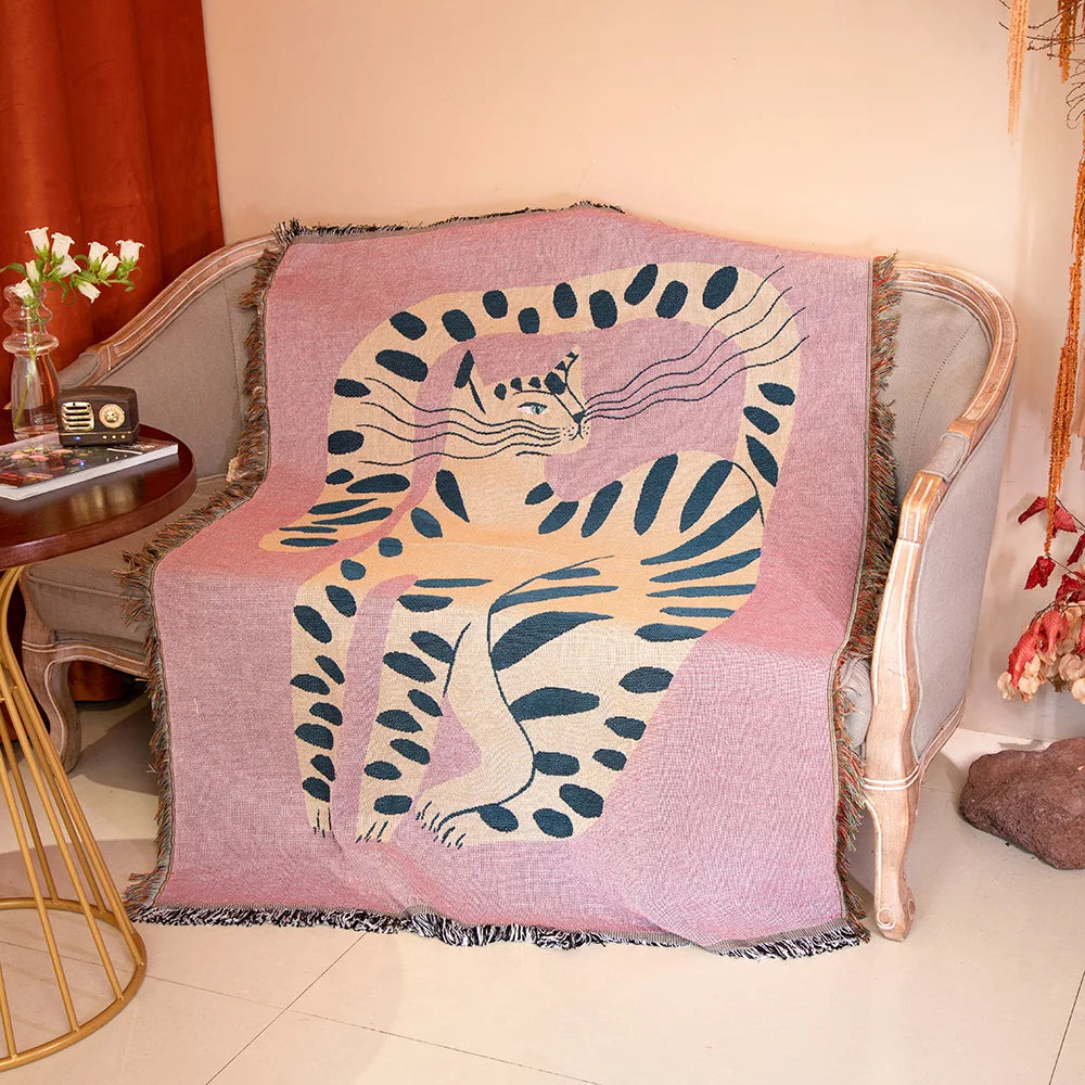 Tapestry Cat Pattern Pink Throw Blanket