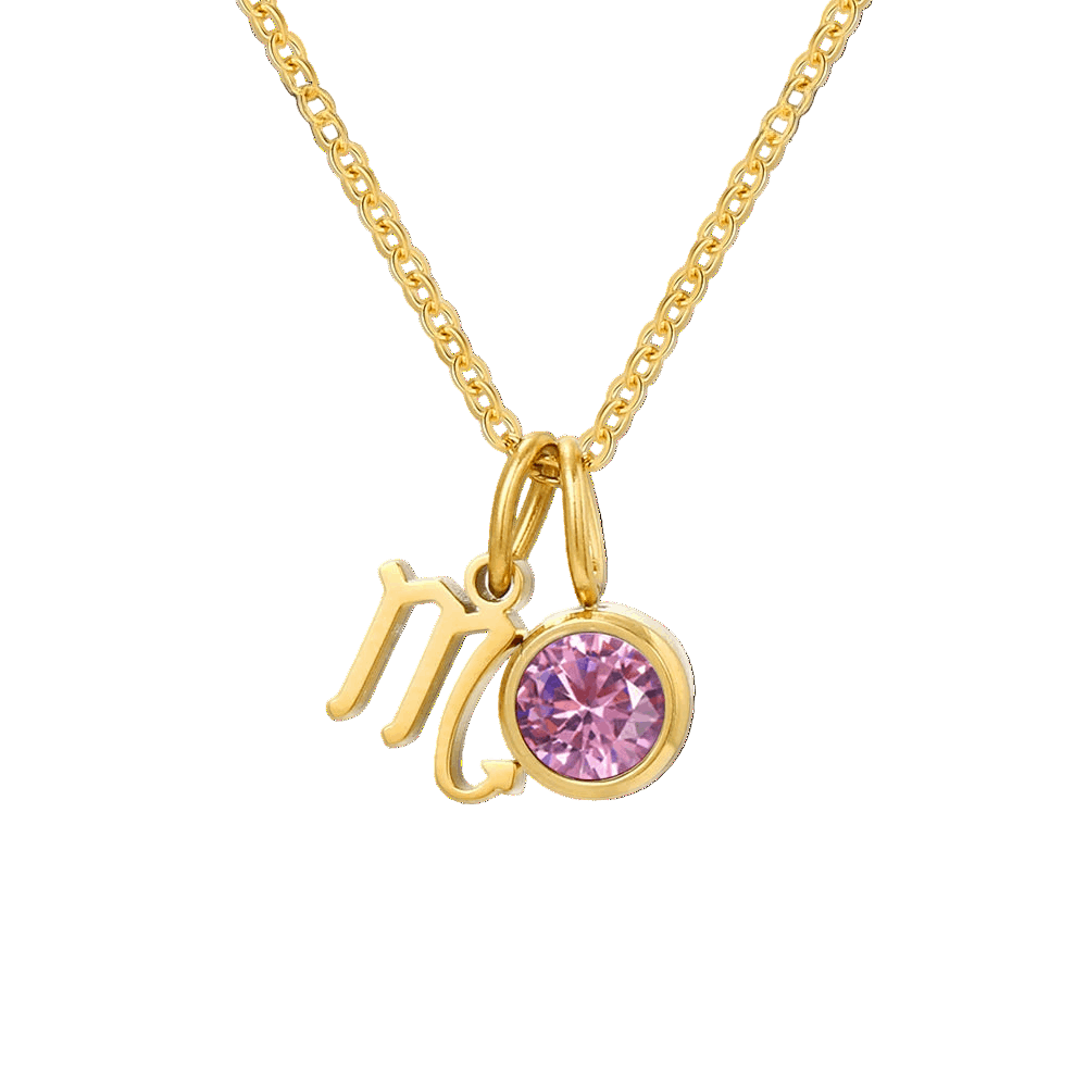 Gold necklace with 'MO' initials and a pink gemstone on a white background