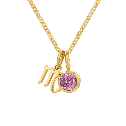 Gold necklace with 'MO' initials and a pink gemstone on a white background