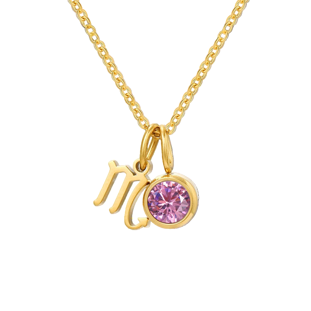 Gold necklace with 'MO' initials and a pink gemstone on a white background