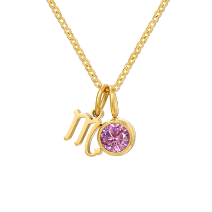 Gold necklace with 'MO' initials and a pink gemstone on a white background