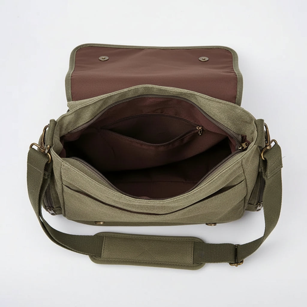 Open bag with compartments on a white background