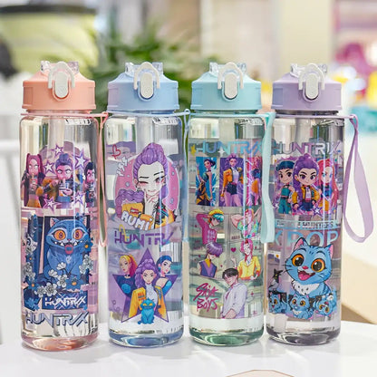 Four colorful water bottles with cartoon character designs on a white surface.