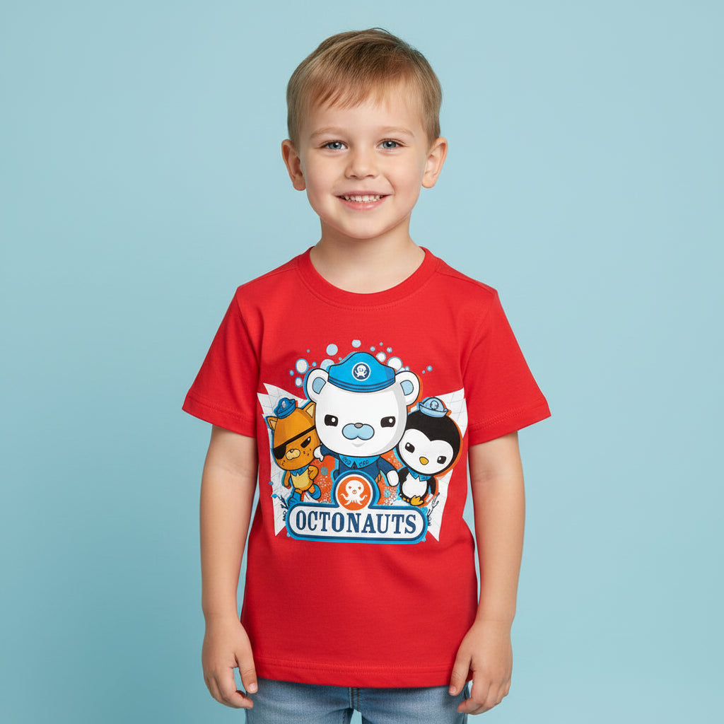 little boy wearing red octonauts tshirt