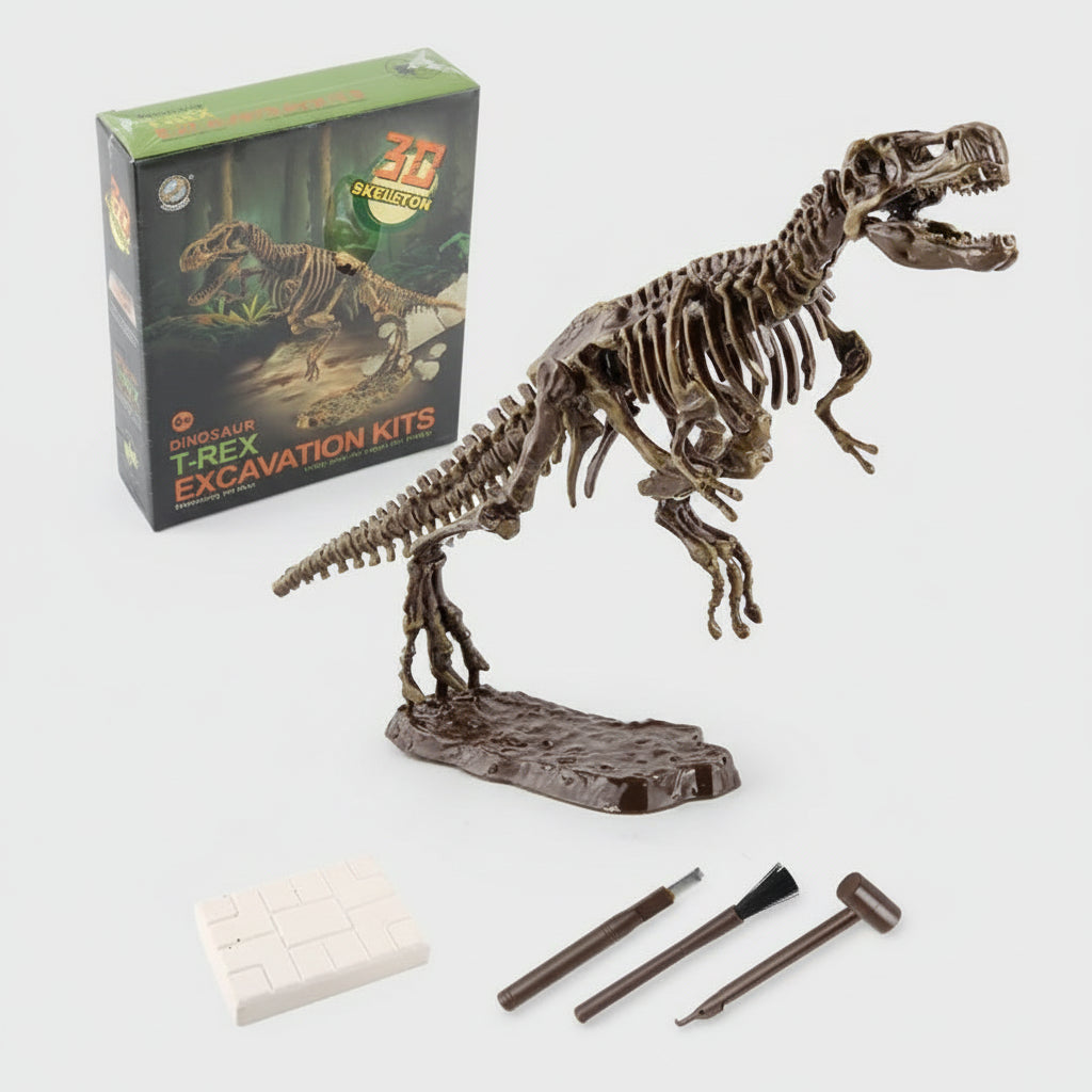 Dinosaur skeleton model with excavation kit packaging on a white background
