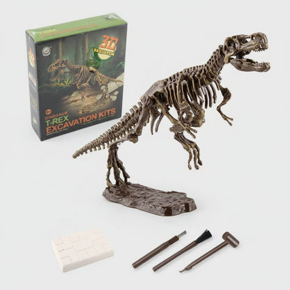Dinosaur skeleton model with excavation kit packaging on a white background