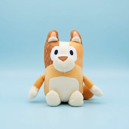 Plush toy of a cartoon-like animal with orange and white colors on a white background