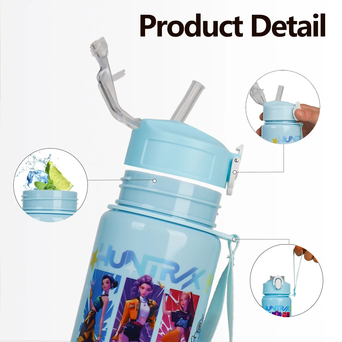 Children's water bottle with straw and lid, featuring character design on a white background.