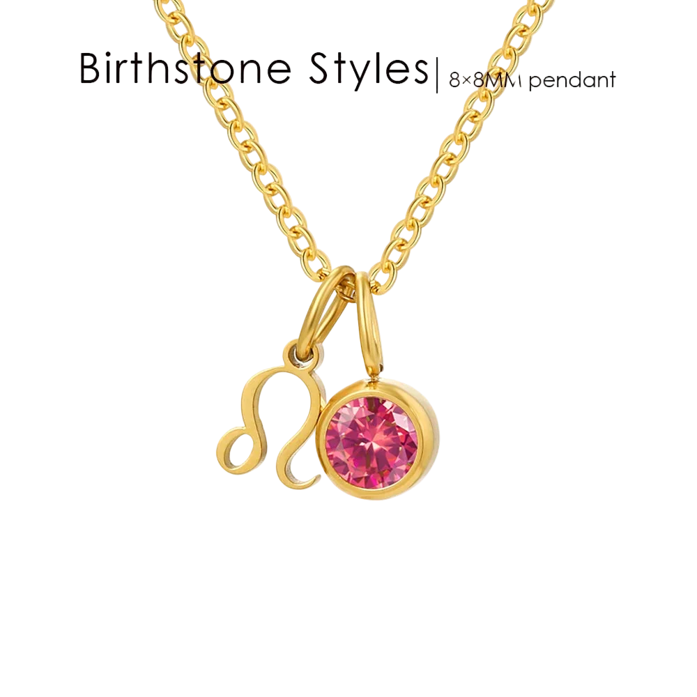Gold chain necklace with a circular pink gemstone pendant and a gold zodiac symbol pendant, shown on a white background with text reading 'Birthstone Styles | 8x9mm pendant'.