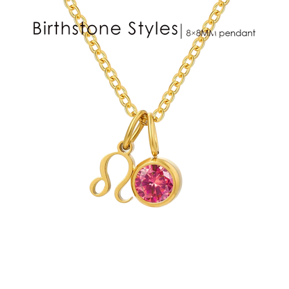Gold chain necklace with a circular pink gemstone pendant and a gold zodiac symbol pendant, shown on a white background with text reading 'Birthstone Styles | 8x9mm pendant'.