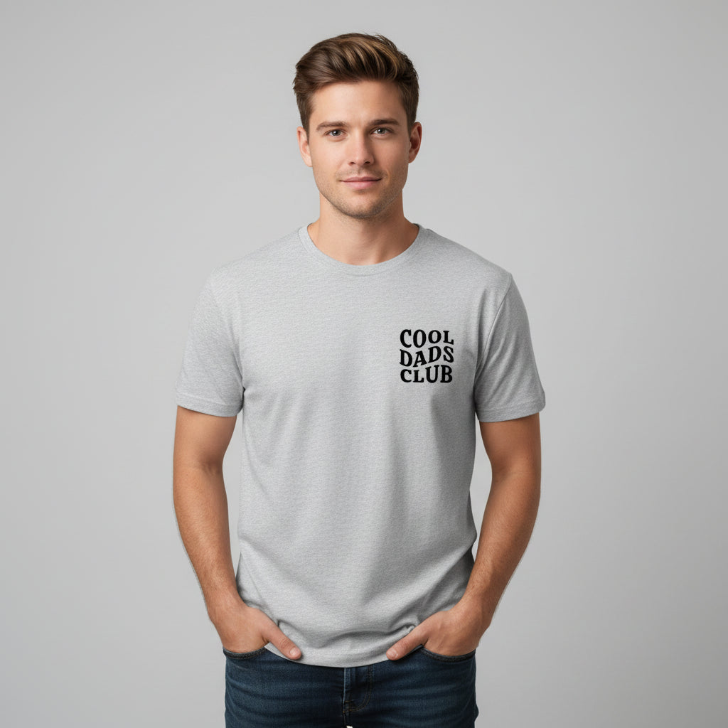 Man wearing grey cool dads club tshirt