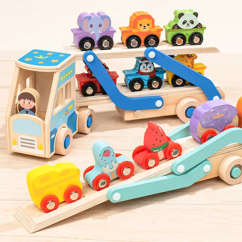 Wooden toy set with colorful cars and a truck on a light wooden surface