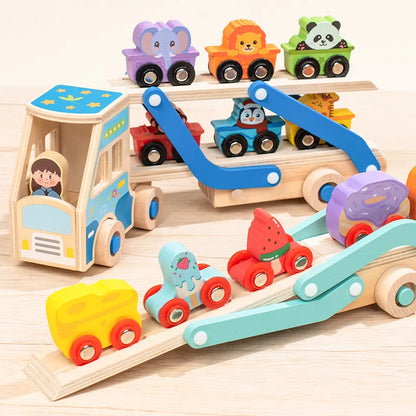 Wooden toy set with colorful cars and a truck on a light wooden surface